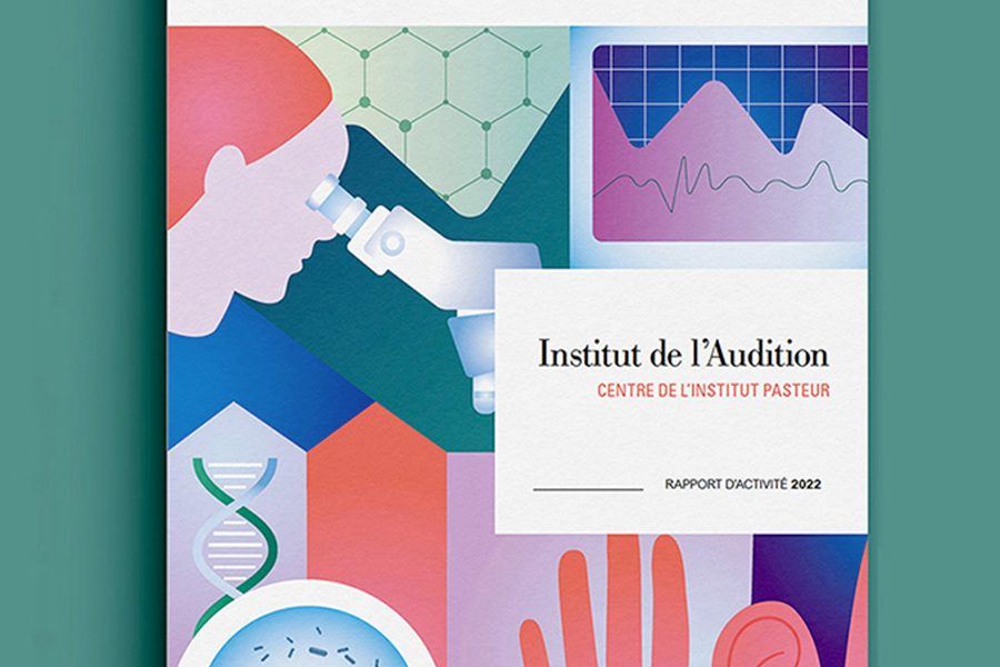 Conception graphique de la couverture du rapport d’activité de l’Institut de l’Audition